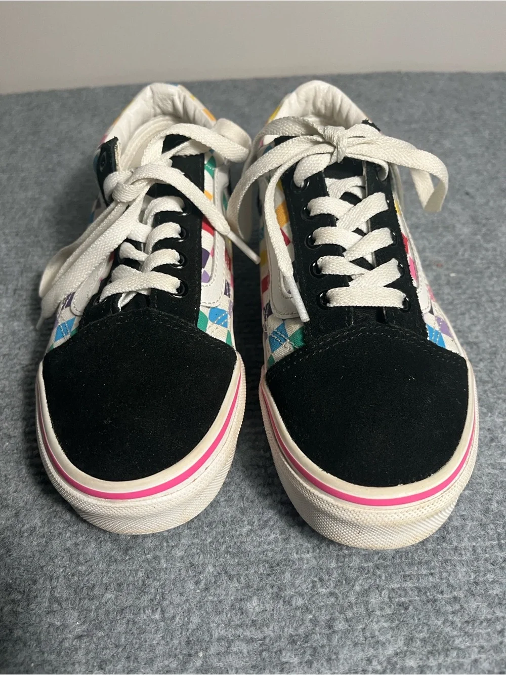 Vans Kids Old Skool Black Suede with Rainbow Checkerboard Accents
